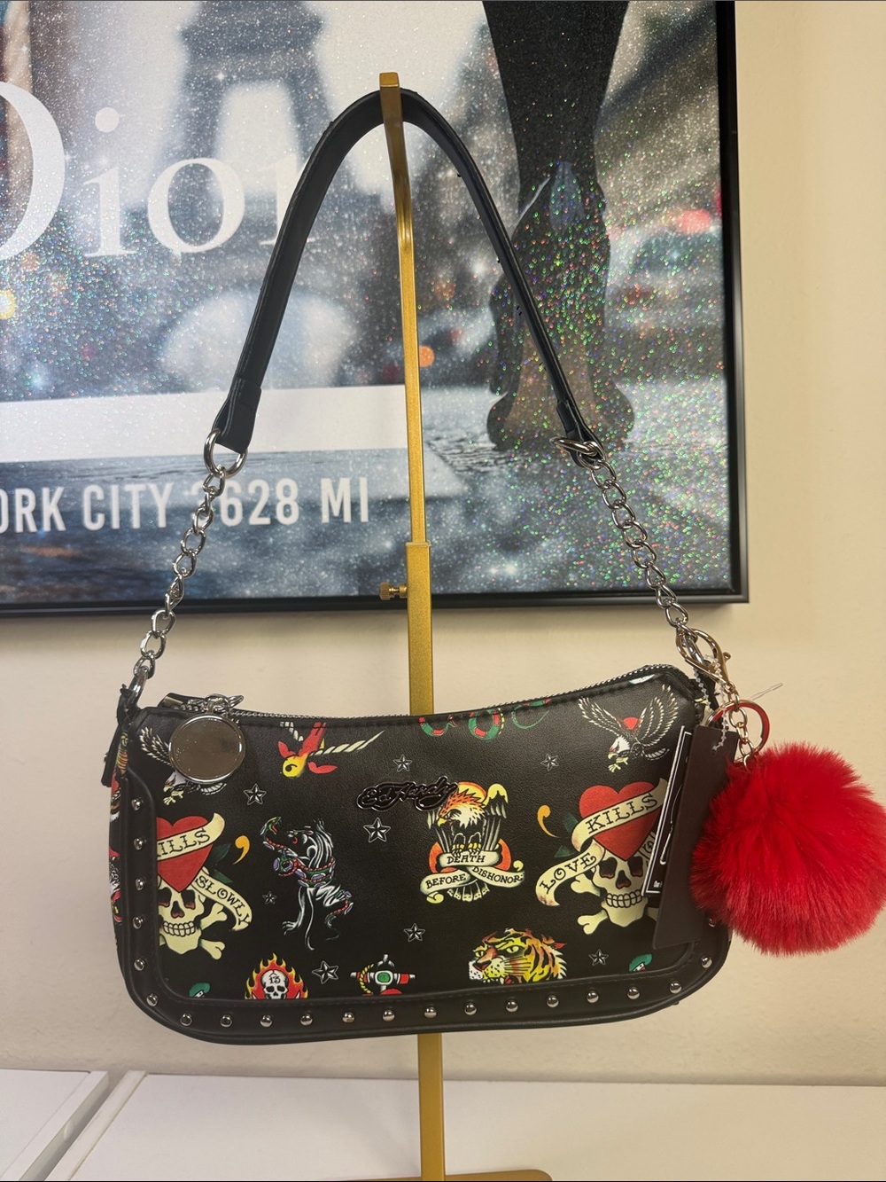 Ed Hardy Edgy Black Tattoo-Print Shoulder Bag with Red Pom